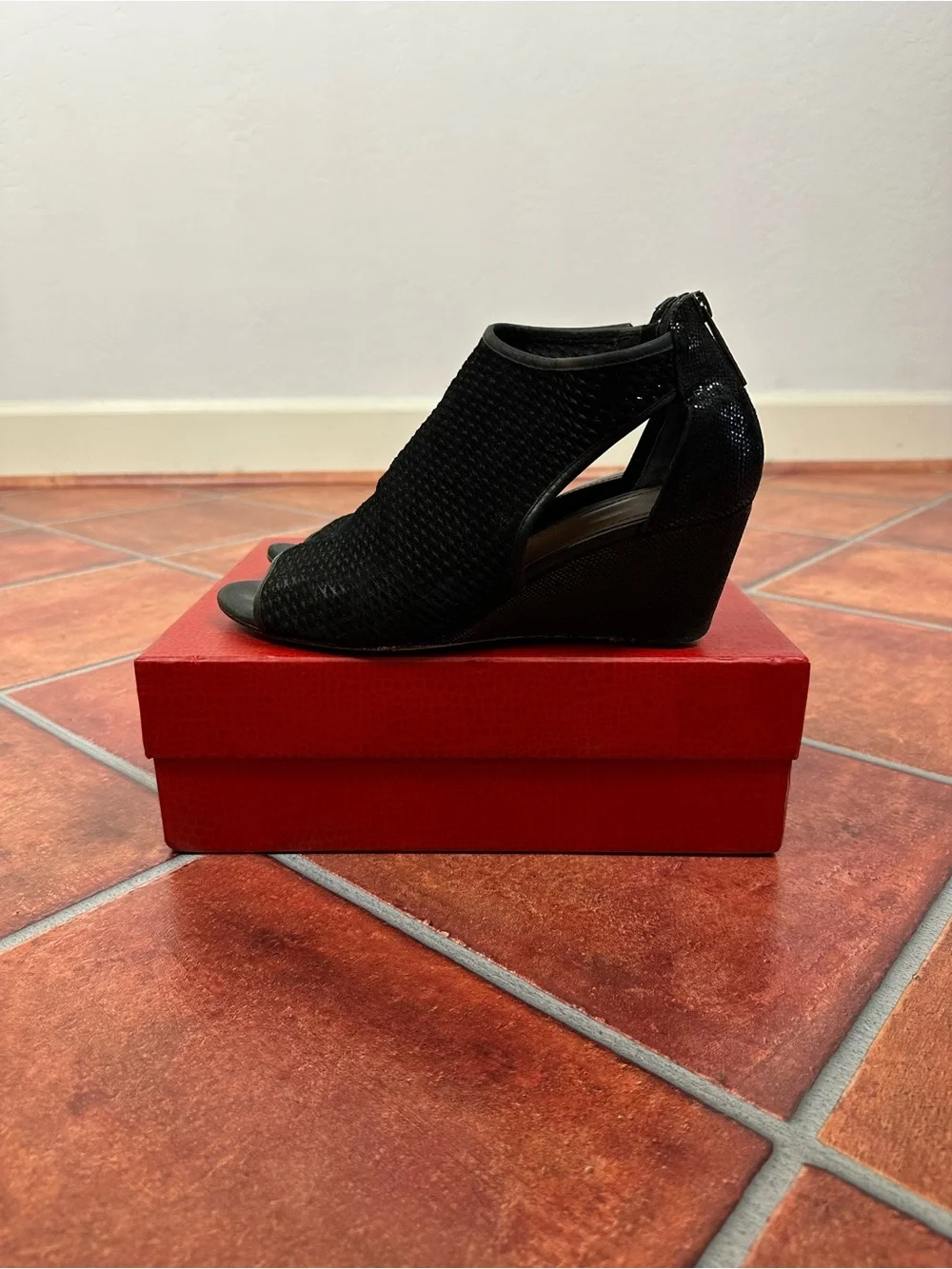 Donald J. Pliner Black Leather Jace Peep-Toe Wedge Booties w/ Box
